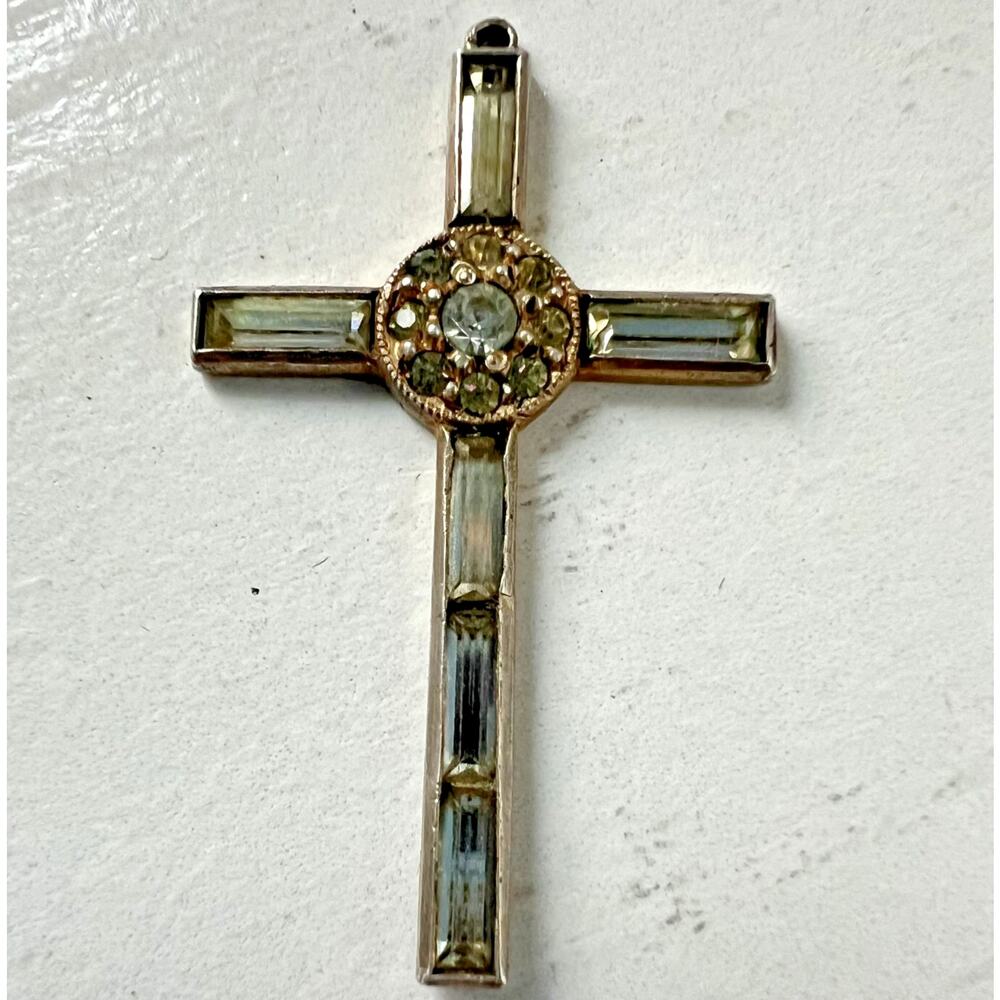 Vintage Sterling Silver Cross Pendant Crystal Glass Religious 1.5 Inch